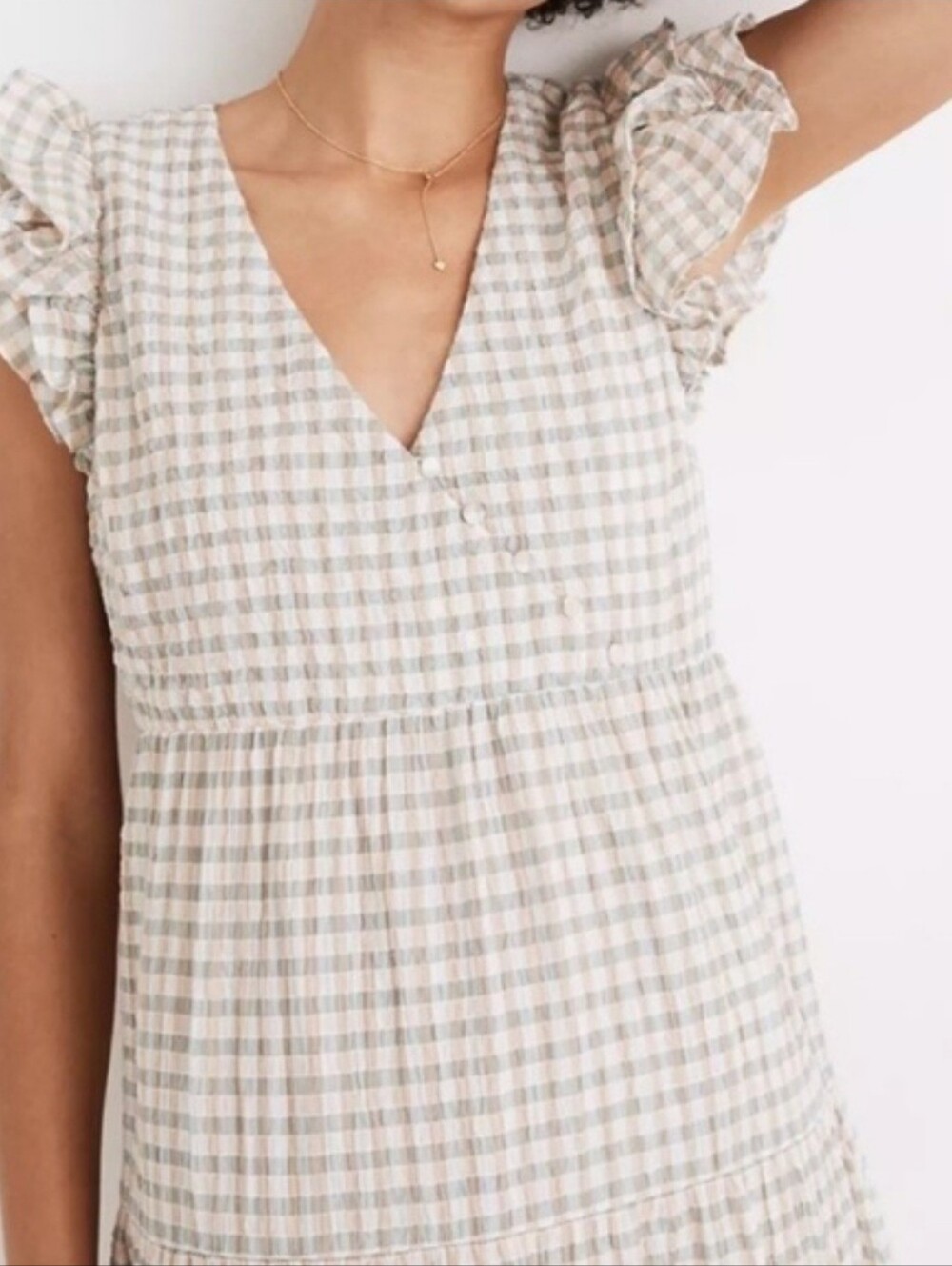 Madewell Gingham Seersucker Tiered Midi Dress Ruffle Sleeve Medium - Picture 4 of 15
